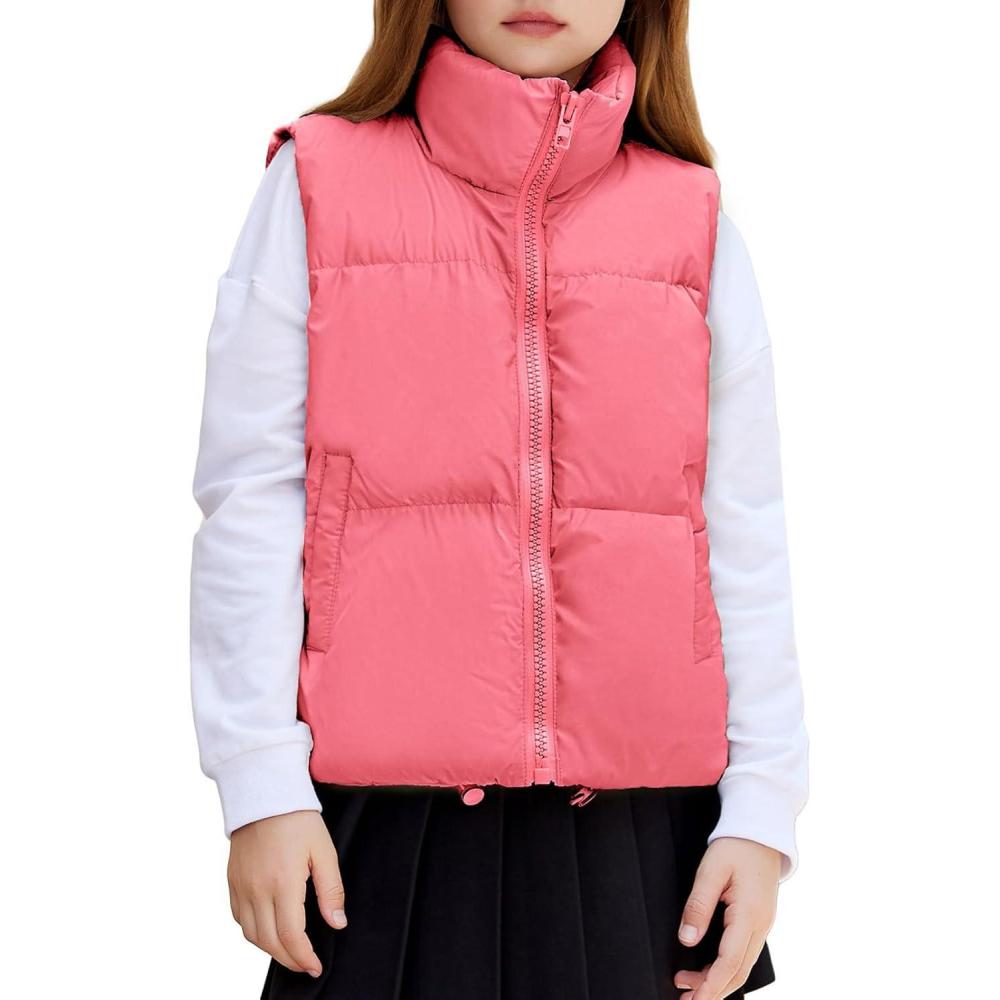 imageArshiner Girls Winter Zipper Puffer Vest Lightweight Sleeveless Outwear Puffy Vests for 512 Years OldCoral Pink