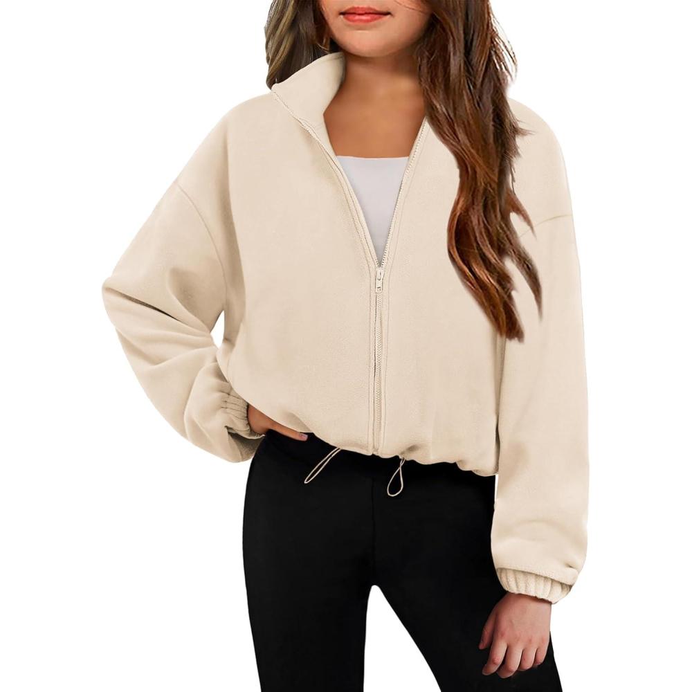 imageArshiner Girls Zip Up Fleece Jacket Fall Winter Sherpa Sweatshirts Warm Outwear Crop Coat with PocketsApricot