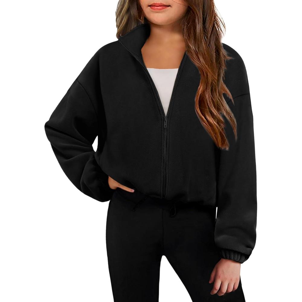 imageArshiner Girls Zip Up Fleece Jacket Fall Winter Sherpa Sweatshirts Warm Outwear Crop Coat with PocketsBlack