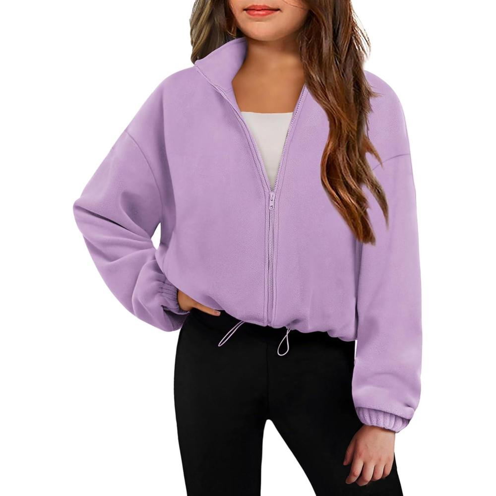 imageArshiner Girls Zip Up Fleece Jacket Fall Winter Sherpa Sweatshirts Warm Outwear Crop Coat with PocketsLilac