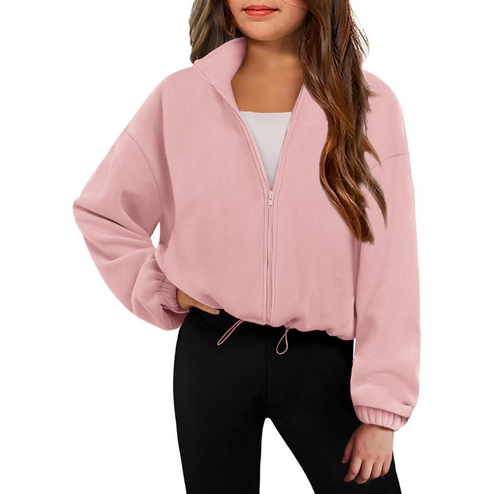 imageArshiner Girls Zip Up Fleece Jacket Fall Winter Sherpa Sweatshirts Warm Outwear Crop Coat with PocketsPink