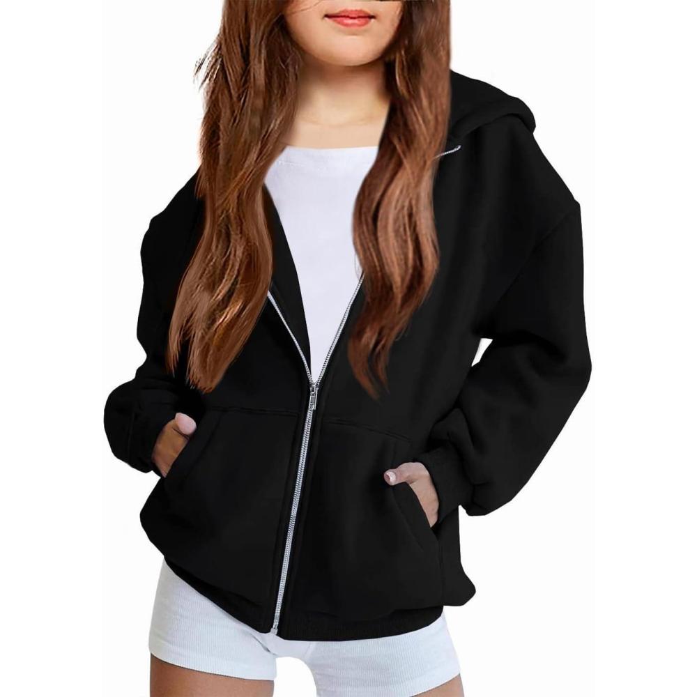 imageArshiner Girls Zip Up Hoodies Teen Fleece FullZip Sweatshirts Jacket Casual Fall Hoodie with PocketBlack
