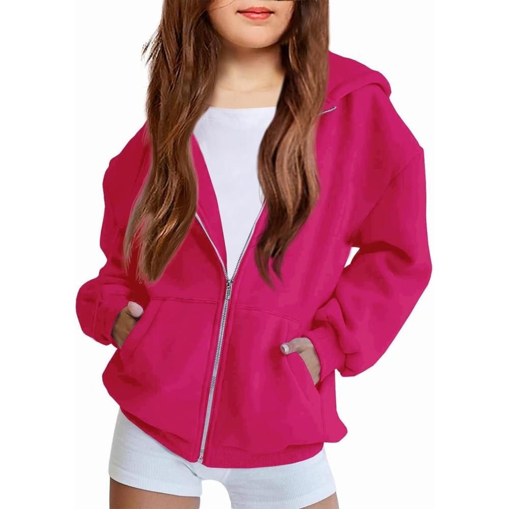 imageArshiner Girls Zip Up Hoodies Teen Fleece FullZip Sweatshirts Jacket Casual Fall Hoodie with PocketHot Pink