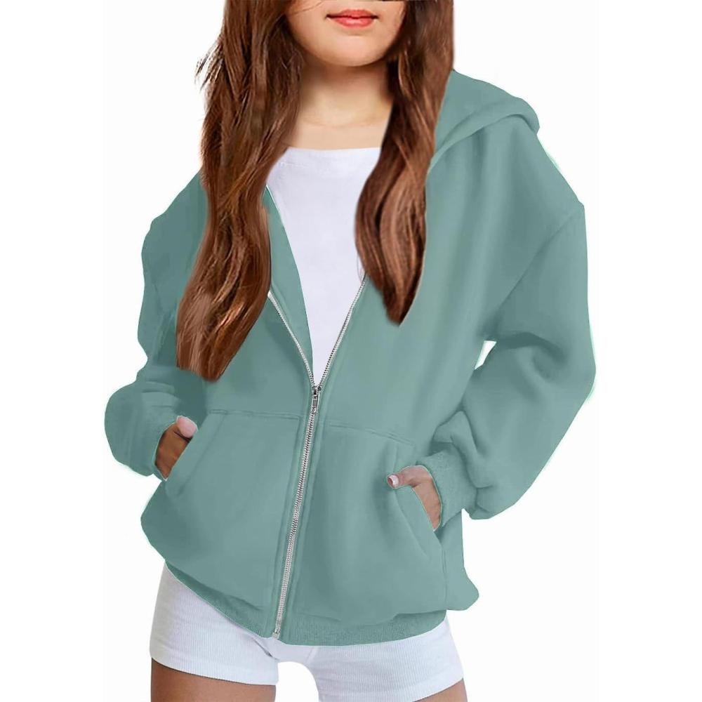 imageArshiner Girls Zip Up Hoodies Teen Fleece FullZip Sweatshirts Jacket Casual Fall Hoodie with PocketLight Green