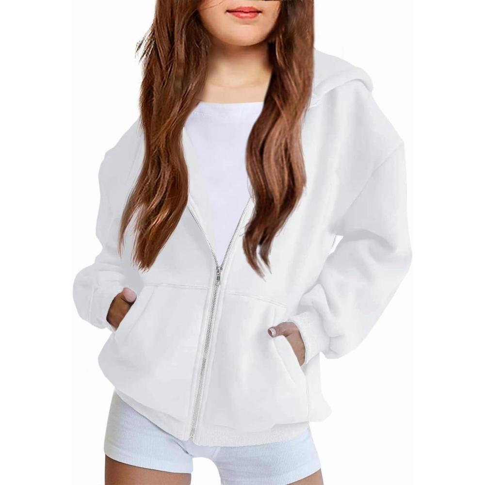 imageArshiner Girls Zip Up Hoodies Teen Fleece FullZip Sweatshirts Jacket Casual Fall Hoodie with PocketWhite