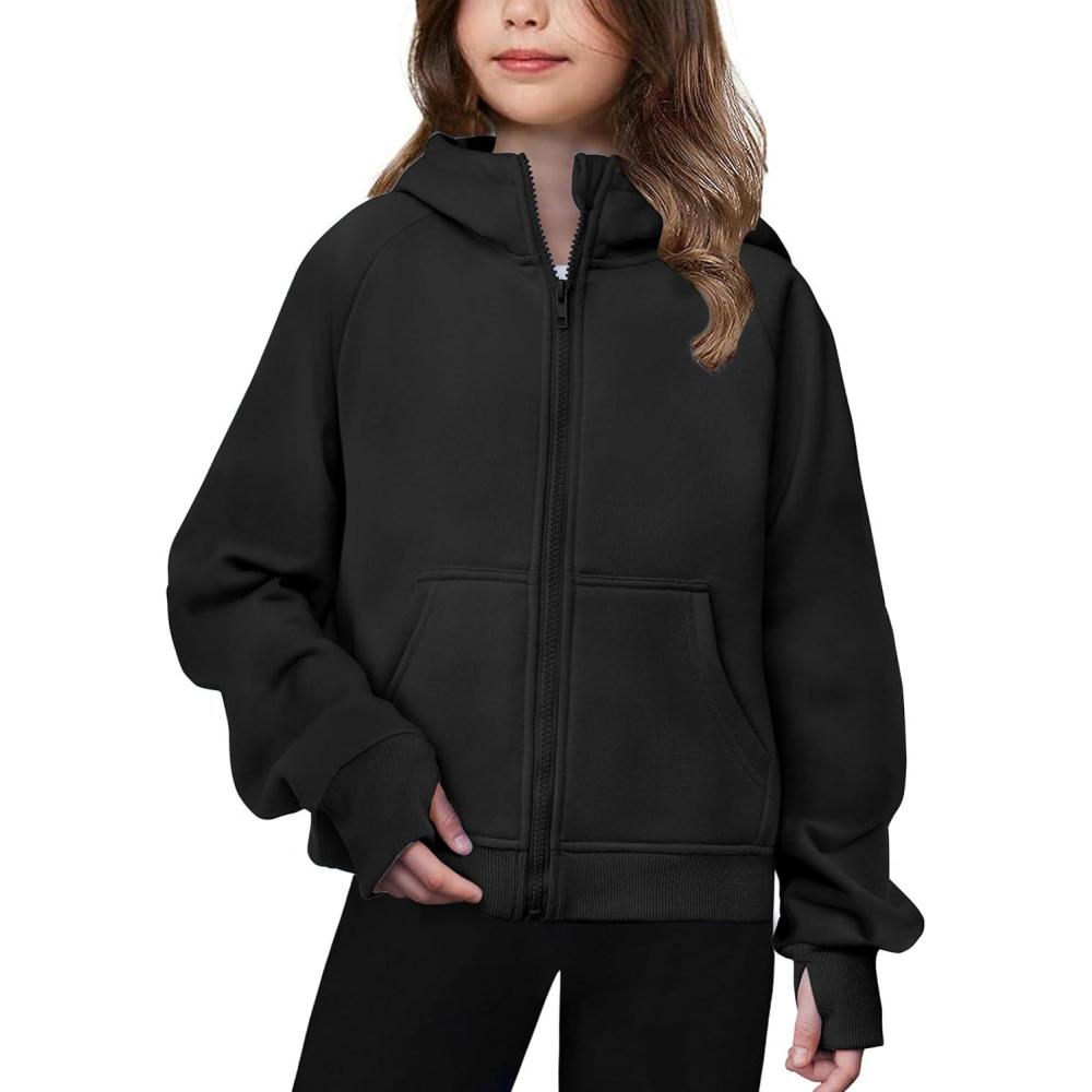 imageArshiner Girls Zip Up Hoodies Teen Hooded Sweatshirts Fleece Jackets Kids Fall Fashion Outfits Winter ClothesBlack