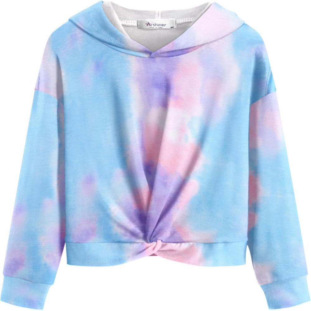 imageArshiner Hoodies for Teen Girls Twist Front Tie Dye Hooded Sweatshirt Casual Long Sleeve Tops Clothes for 513 YearsBlue Purple Pink