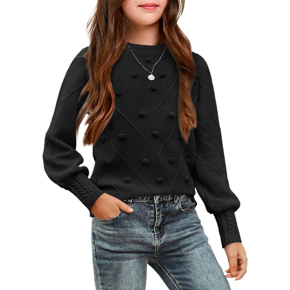 imageArshiner Kid Girls Crew Neck Lantern Sleeve Sweater Cute Jumper Top Pullover Outwear 513 YearsBlack