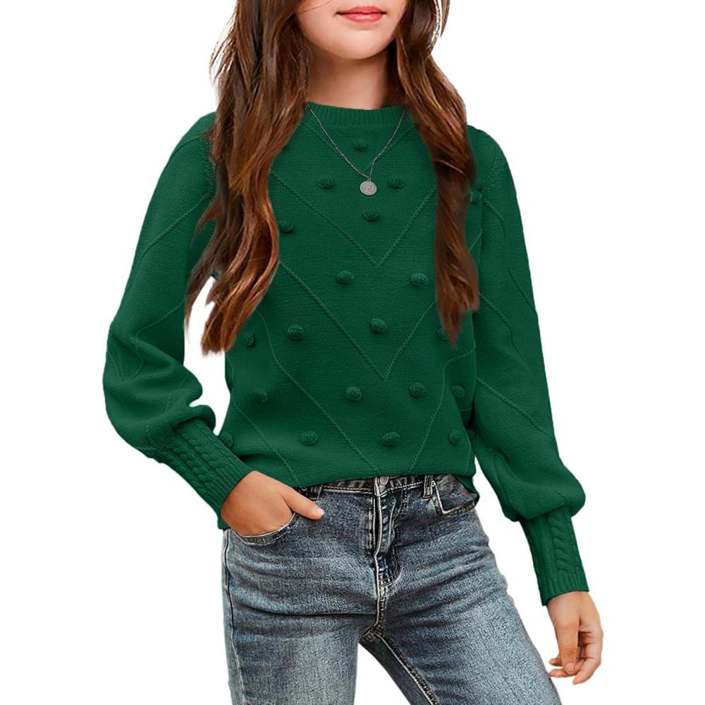 imageArshiner Kid Girls Crew Neck Lantern Sleeve Sweater Cute Jumper Top Pullover Outwear 513 YearsDark Green
