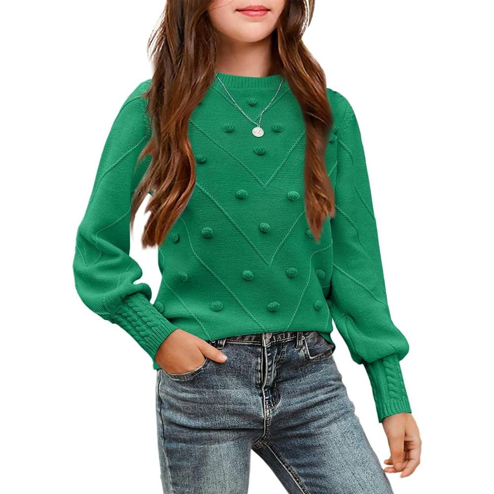 imageArshiner Kid Girls Crew Neck Lantern Sleeve Sweater Cute Jumper Top Pullover Outwear 513 YearsGreen