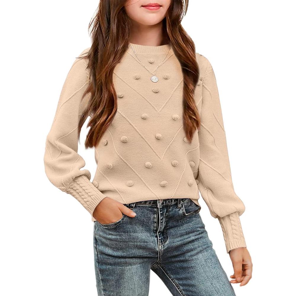 imageArshiner Kid Girls Crew Neck Lantern Sleeve Sweater Cute Jumper Top Pullover Outwear 513 YearsKhaki