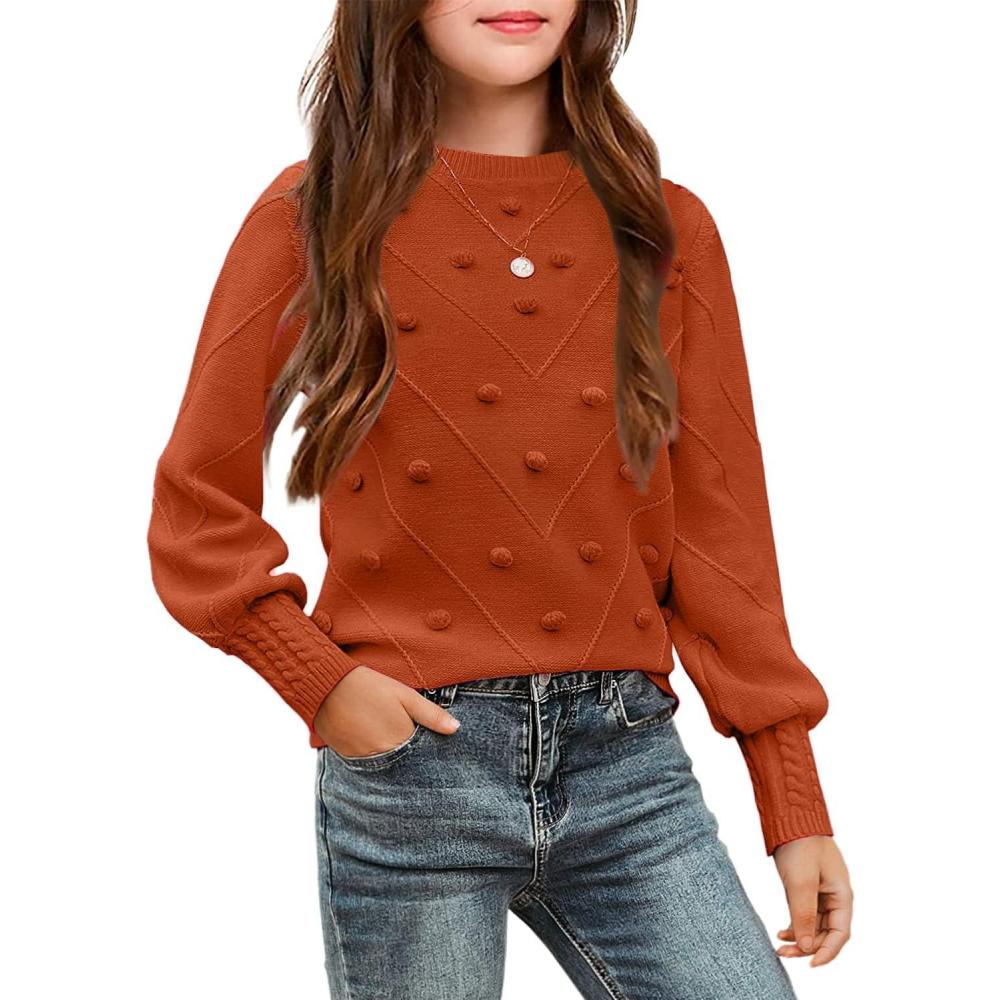 imageArshiner Kid Girls Crew Neck Lantern Sleeve Sweater Cute Jumper Top Pullover Outwear 513 YearsOrange
