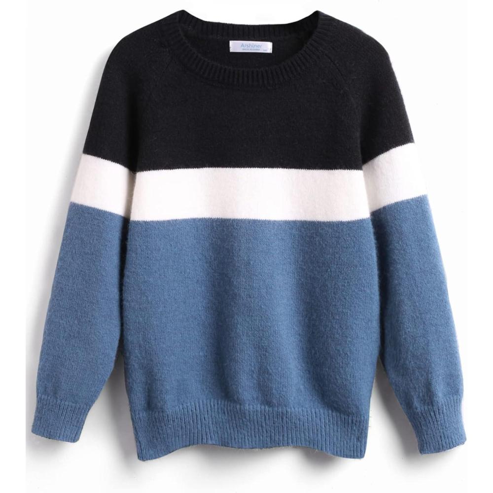 imageArshiner Kids Boys Long Sleeve Sweater Knit Crewneck Pullover Striped Sweater for 513 YearsBlack White Blue