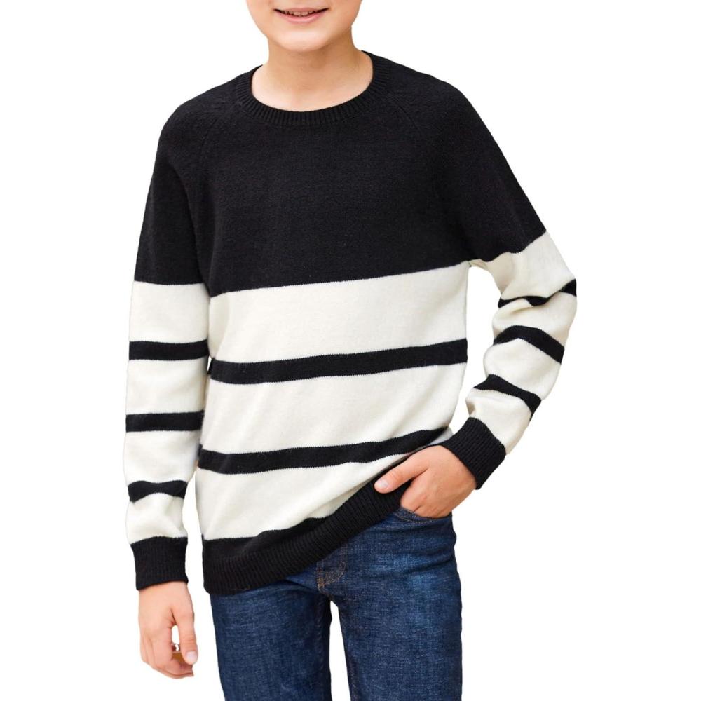 imageArshiner Kids Boys Long Sleeve Sweater Knit Crewneck Pullover Striped Sweater for 513 YearsBlack White
