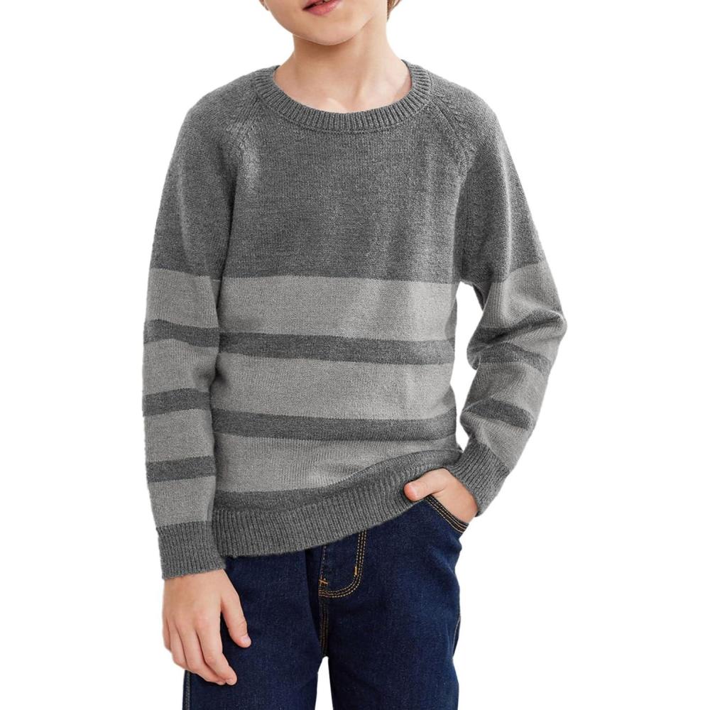 imageArshiner Kids Boys Long Sleeve Sweater Knit Crewneck Pullover Striped Sweater for 513 YearsGray