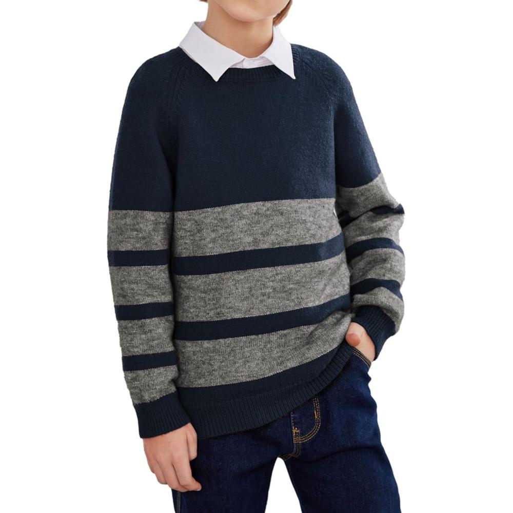 imageArshiner Kids Boys Long Sleeve Sweater Knit Crewneck Pullover Striped Sweater for 513 YearsNavy Gray