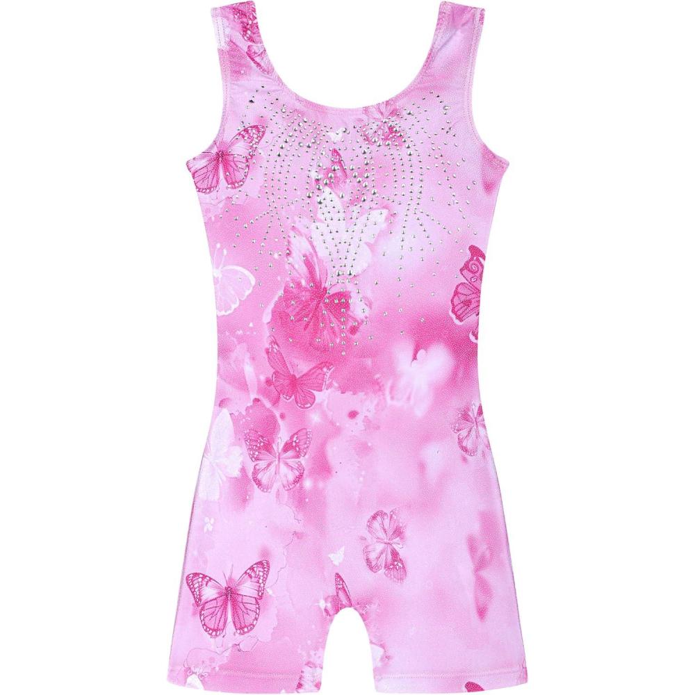 imageArshiner Leotards for Girls Gymnastics with Shorts Color Gradient Shiny Diamond Kids BiketardPink Butterfly