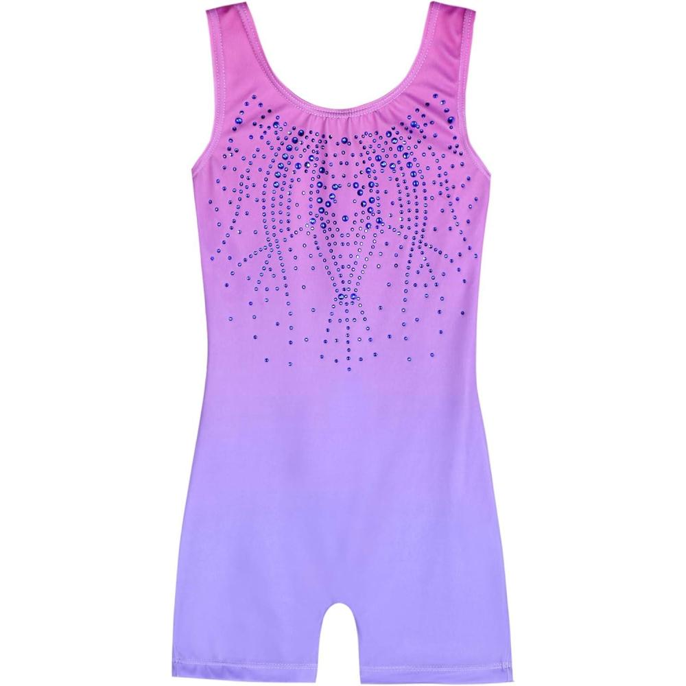 imageArshiner Leotards for Girls Gymnastics with Shorts Color Gradient Shiny Diamond Kids BiketardPink Purple