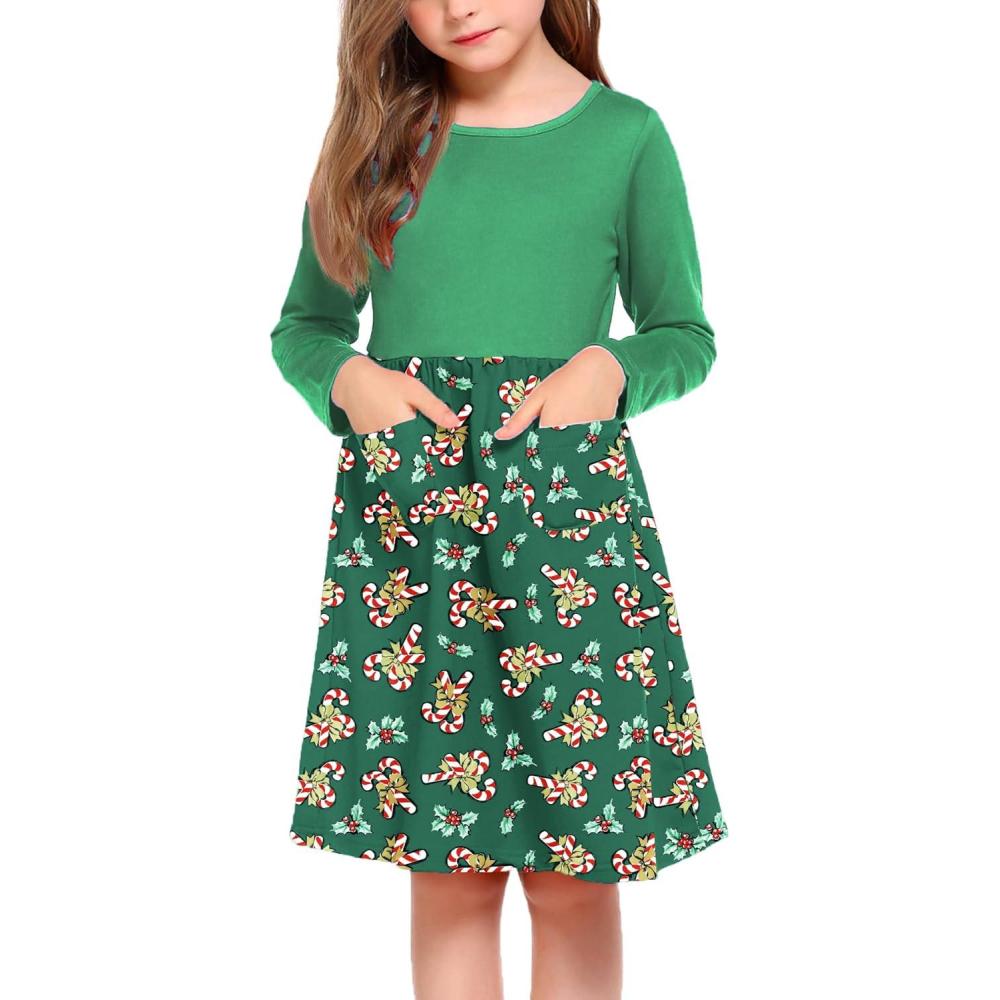 imageArshiner Little Girls Dress Long Sleeve Solid Color Casual Skater Pocket DressChristmas Candy