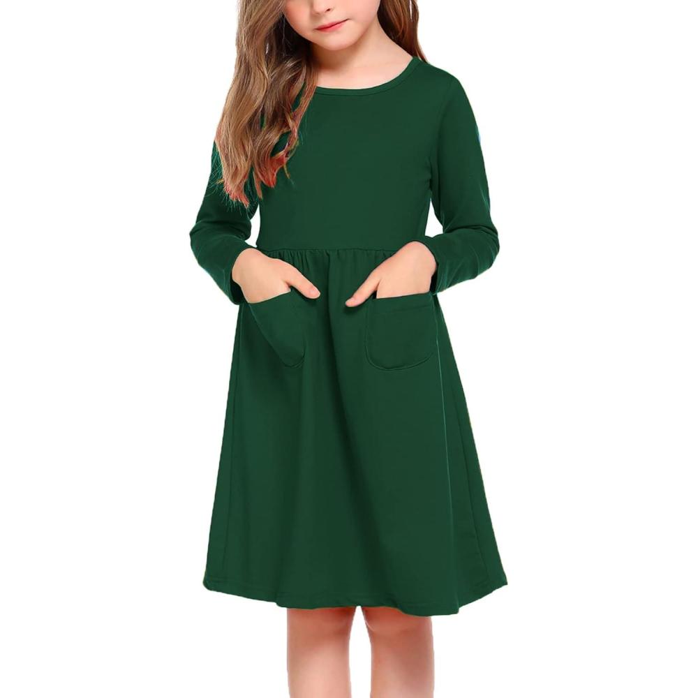 imageArshiner Little Girls Dress Long Sleeve Solid Color Casual Skater Pocket DressDark Green