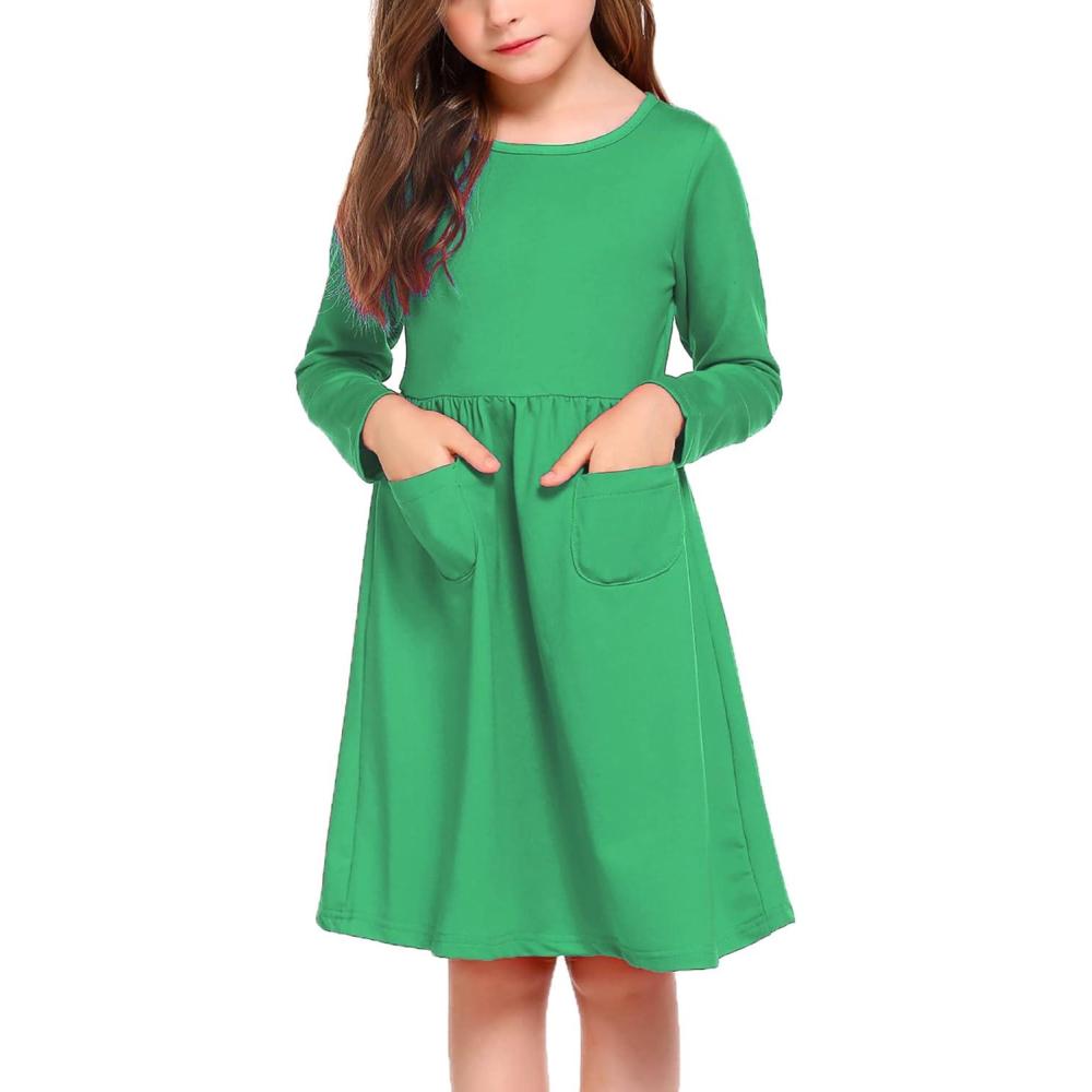 imageArshiner Little Girls Dress Long Sleeve Solid Color Casual Skater Pocket DressGreen