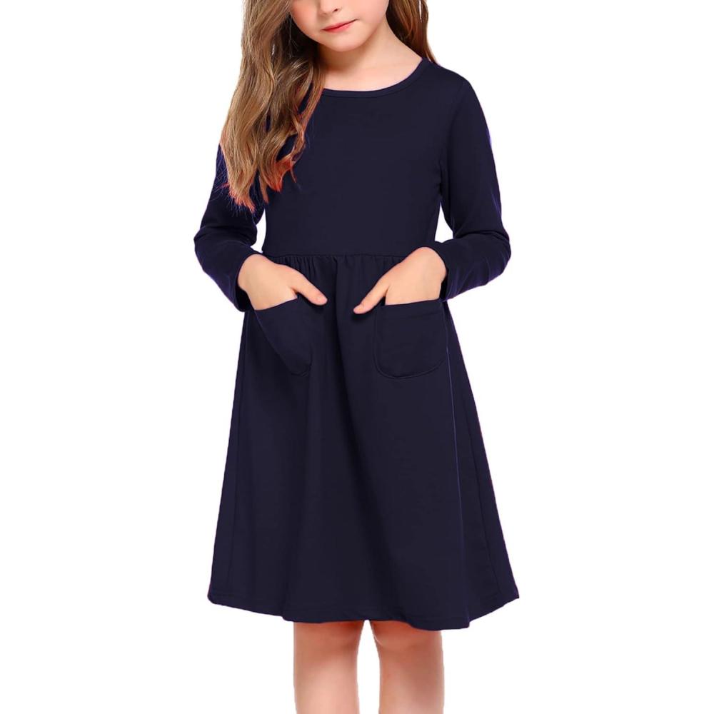 imageArshiner Little Girls Dress Long Sleeve Solid Color Casual Skater Pocket DressNavy Blue