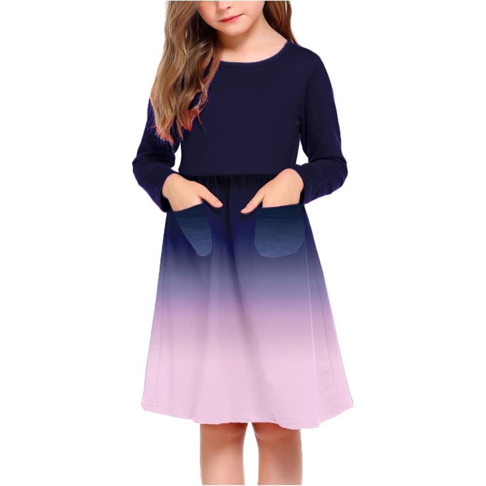 imageArshiner Little Girls Dress Long Sleeve Solid Color Casual Skater Pocket DressNavy Blue Gradient