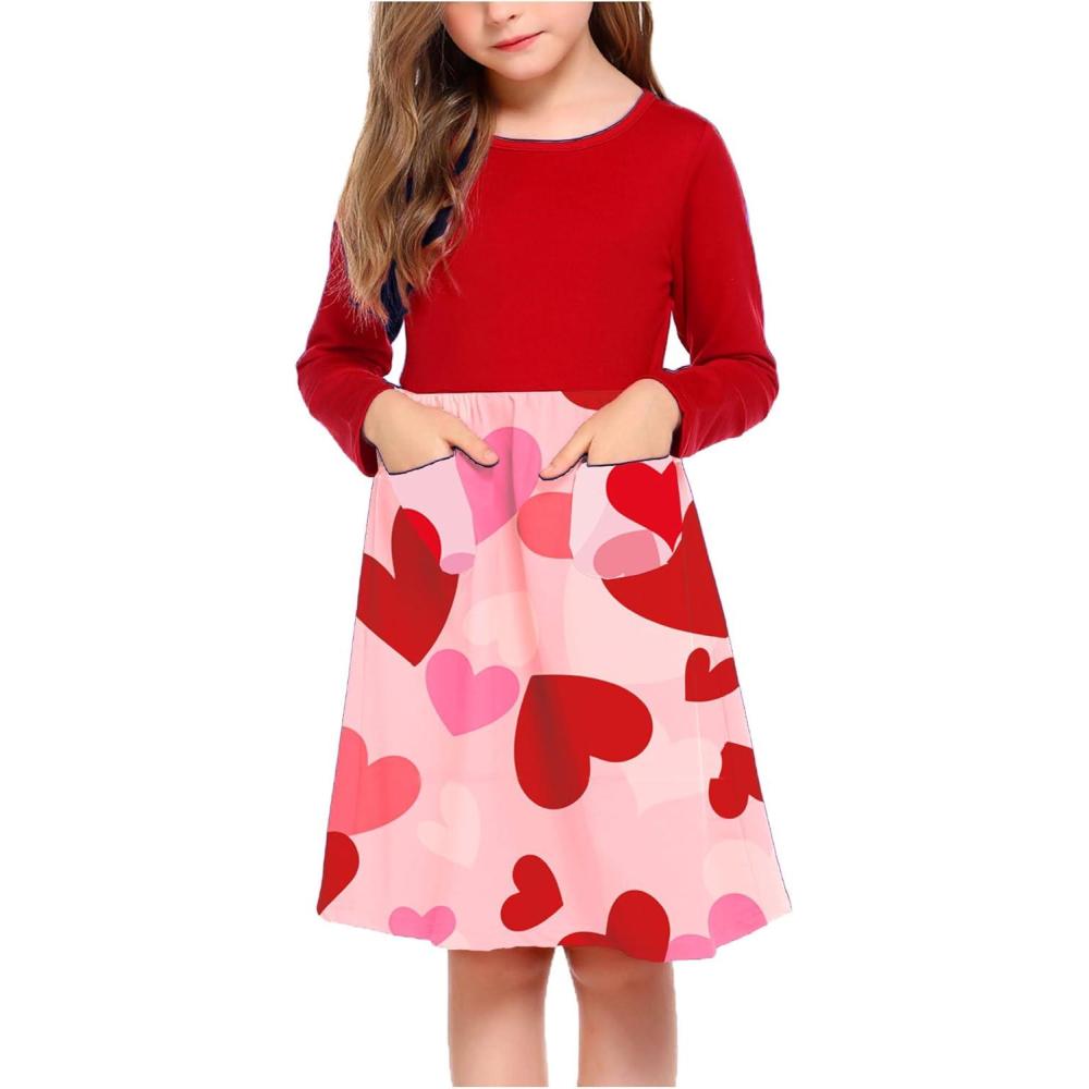 imageArshiner Little Girls Dress Long Sleeve Solid Color Casual Skater Pocket DressRed Hearts