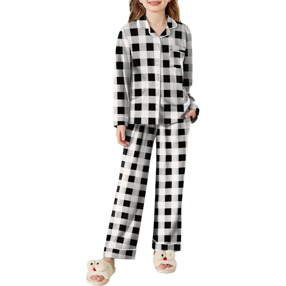 imageArshiner Pajamas Set for Girls Plaid Long Sleeve Lounge Set Button Down Pj SetsBlack White Plaid