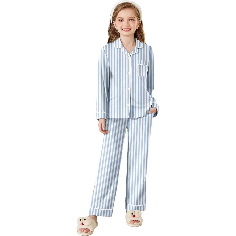 imageArshiner Pajamas Set for Girls Plaid Long Sleeve Lounge Set Button Down Pj SetsBlue Striped