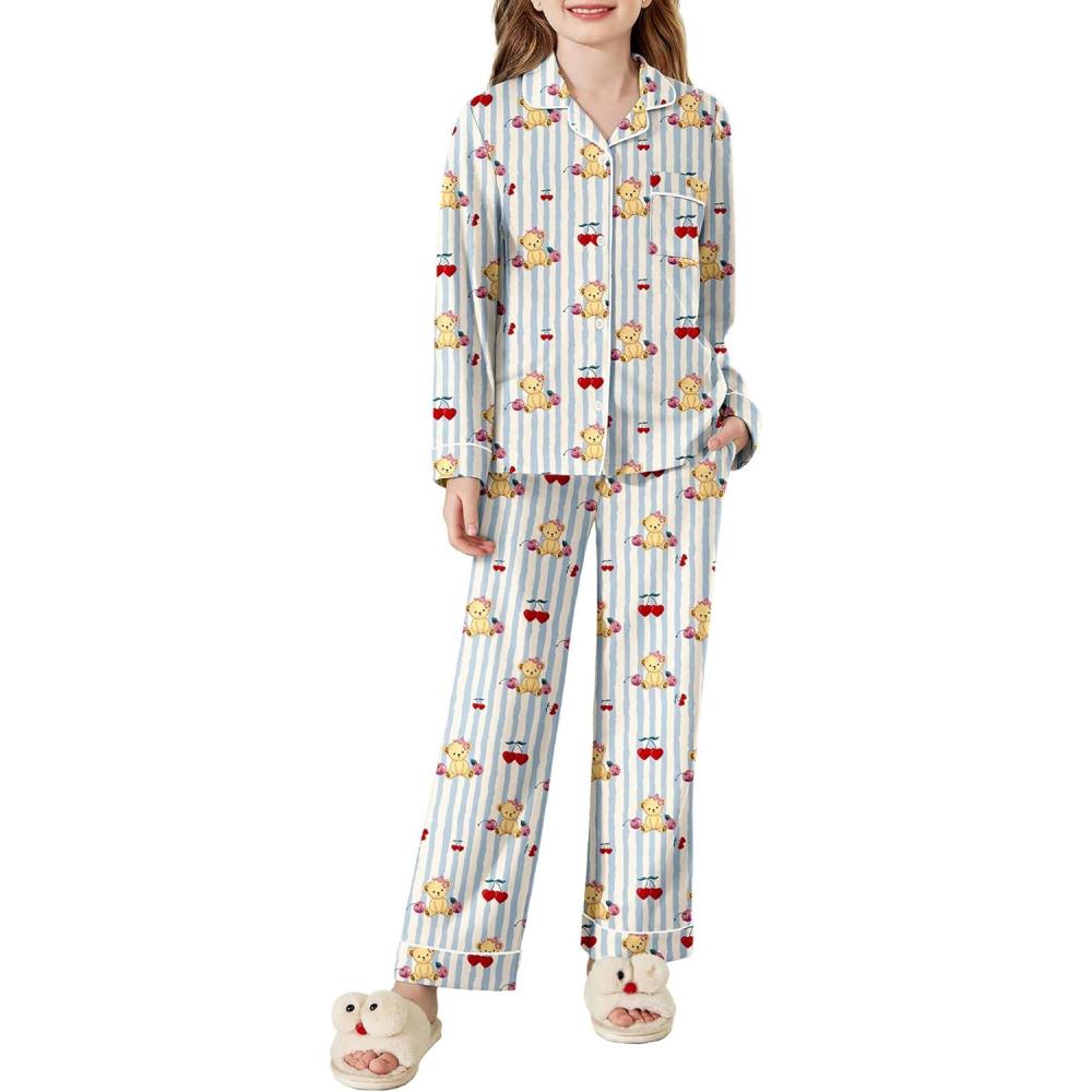 imageArshiner Pajamas Set for Girls Plaid Long Sleeve Lounge Set Button Down Pj SetsBlue Striped Teddy