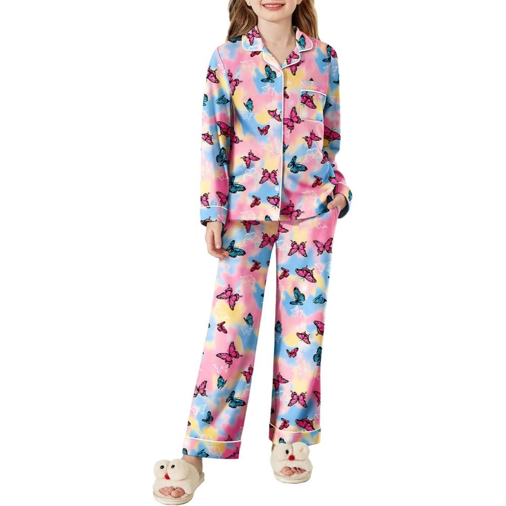 imageArshiner Pajamas Set for Girls Plaid Long Sleeve Lounge Set Button Down Pj SetsButterfly Tie Dye