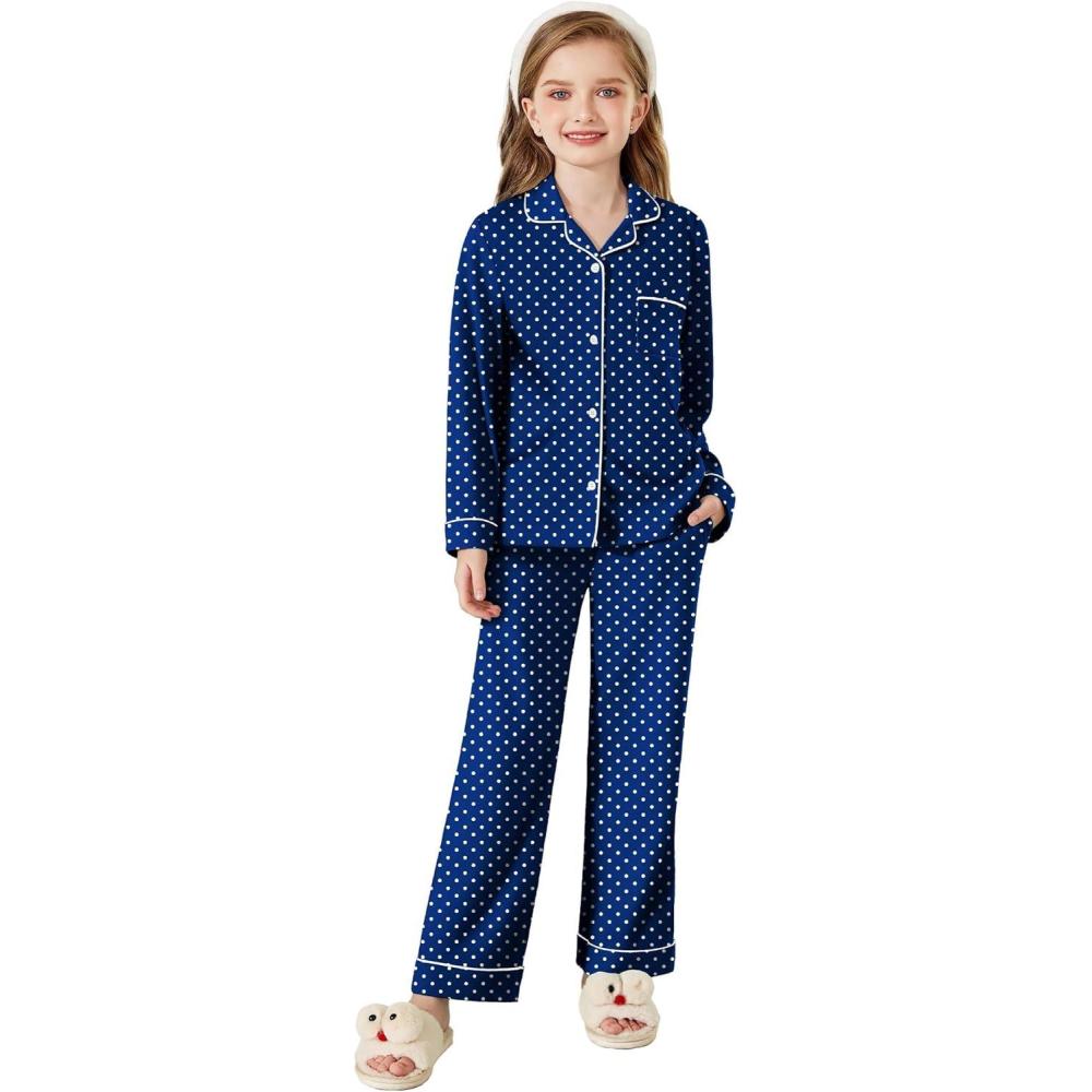 imageArshiner Pajamas Set for Girls Plaid Long Sleeve Lounge Set Button Down Pj SetsDark Blue Polka Dots