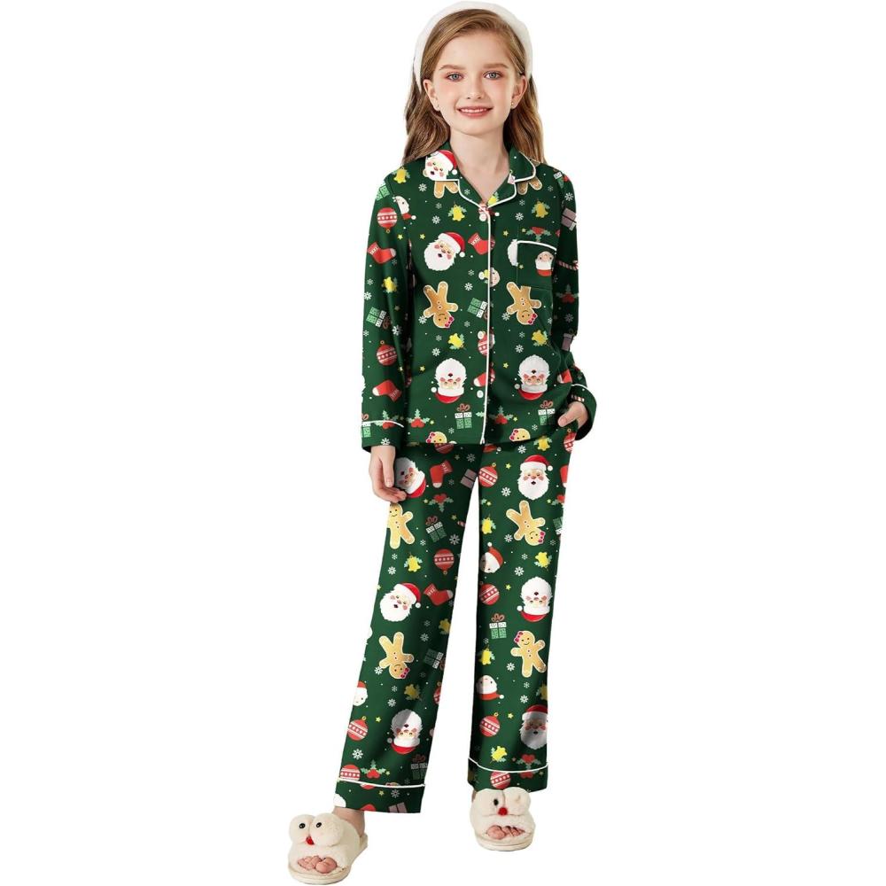 imageArshiner Pajamas Set for Girls Plaid Long Sleeve Lounge Set Button Down Pj SetsGreen Santa Claus