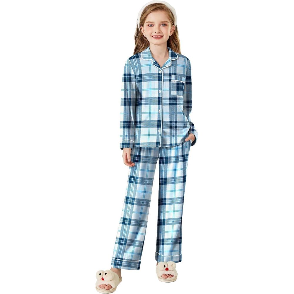 imageArshiner Pajamas Set for Girls Plaid Long Sleeve Lounge Set Button Down Pj SetsLight Blue Plaid
