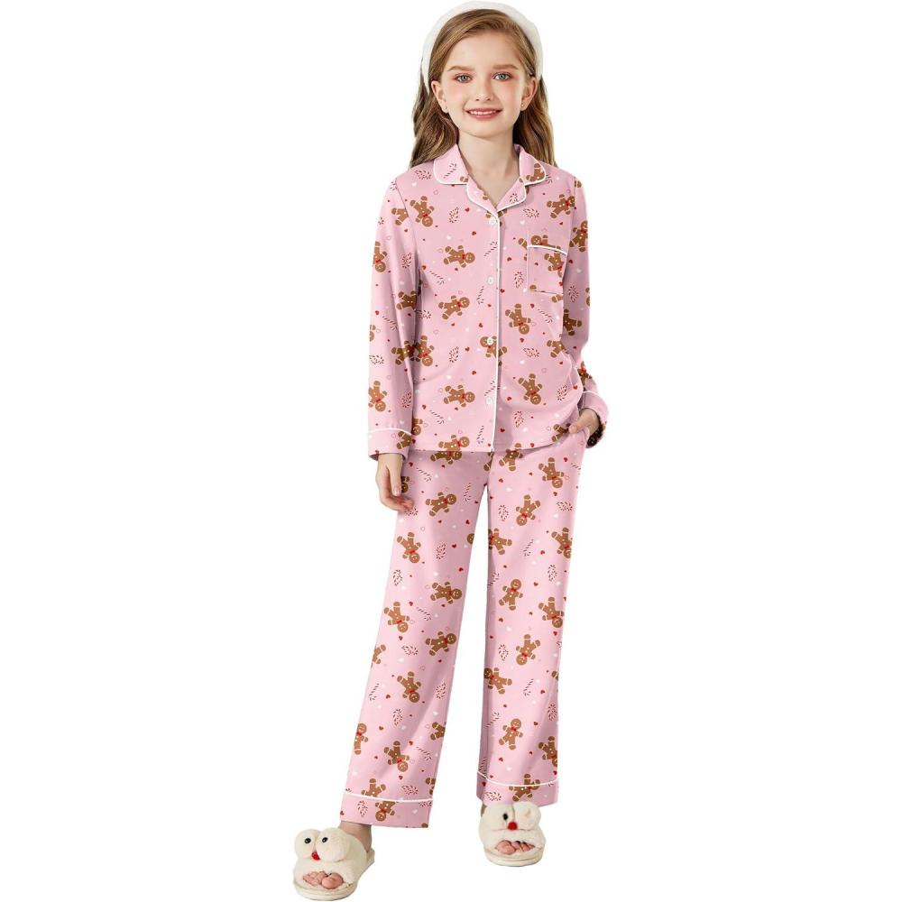 imageArshiner Pajamas Set for Girls Plaid Long Sleeve Lounge Set Button Down Pj SetsPink Gingerbread