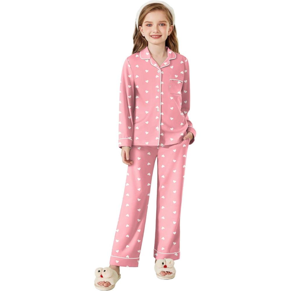 imageArshiner Pajamas Set for Girls Plaid Long Sleeve Lounge Set Button Down Pj SetsPink Heart