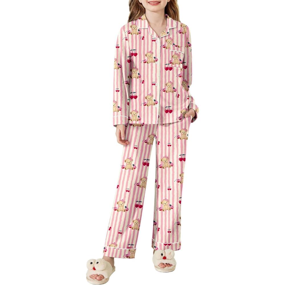 imageArshiner Pajamas Set for Girls Plaid Long Sleeve Lounge Set Button Down Pj SetsPink Striped Teddy