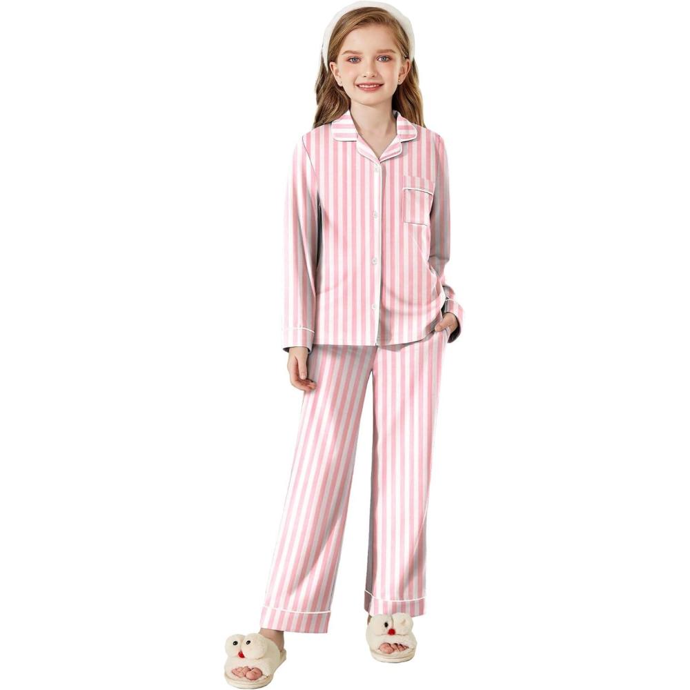 imageArshiner Pajamas Set for Girls Plaid Long Sleeve Lounge Set Button Down Pj SetsPink Stripes