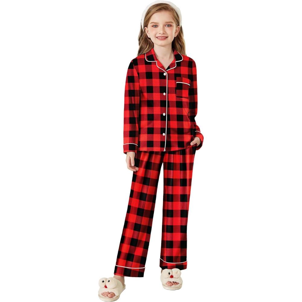 imageArshiner Pajamas Set for Girls Plaid Long Sleeve Lounge Set Button Down Pj SetsRed Black Plaid