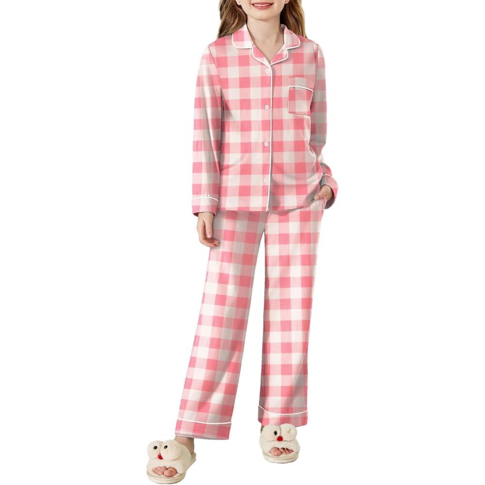 imageArshiner Pajamas Set for Girls Plaid Long Sleeve Lounge Set Button Down Pj SetsWhite Pink Plaid
