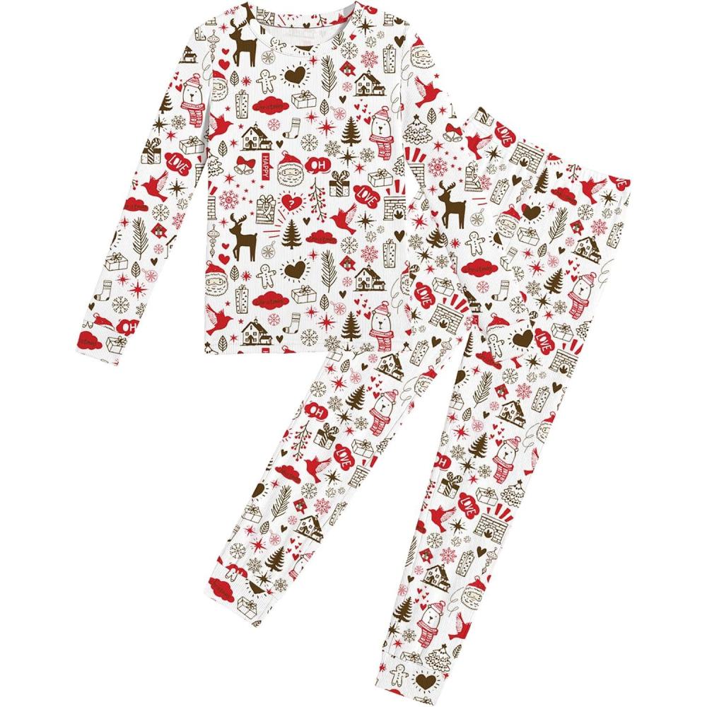 imageArshiner Pajamas for Girls Long Sleeve Pants Sets Snug fit 2 Piece Pjs Set Soft SleepwearWhite Christmas