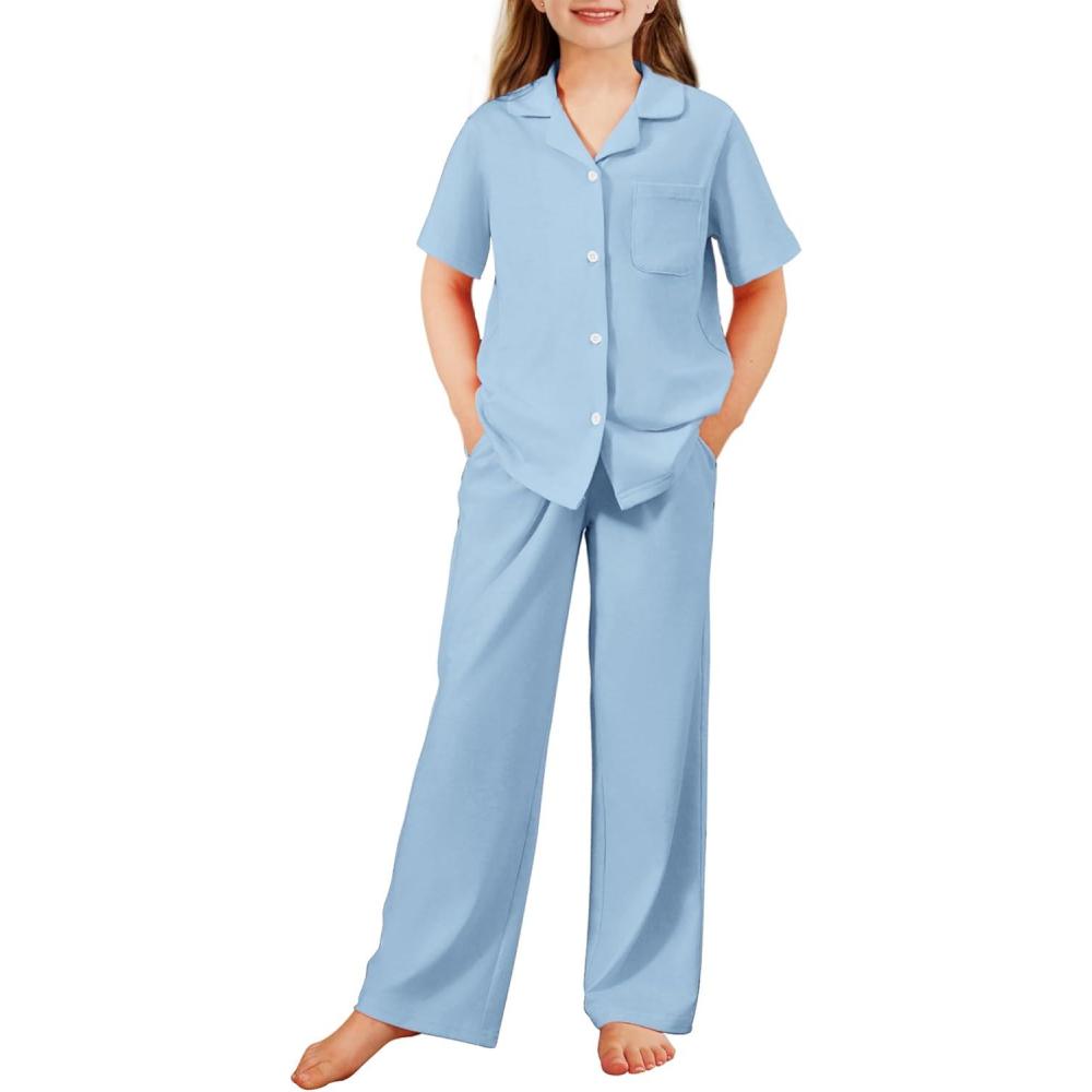 imageArshiner Pajamas for Girls Short Sleeve Long Pants Outfit 2 Piece Sleepwear Button Pjs SetsBlue