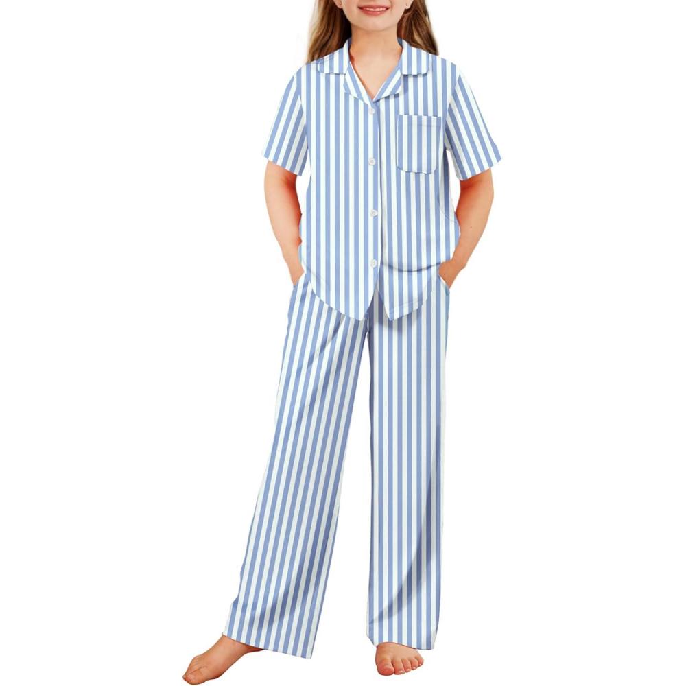 imageArshiner Pajamas for Girls Short Sleeve Long Pants Outfit 2 Piece Sleepwear Button Pjs SetsBlue Stripes