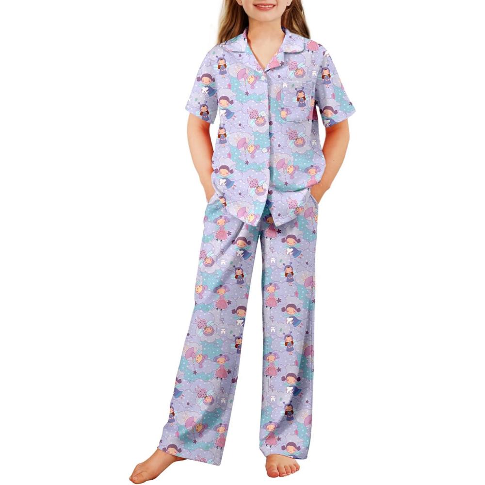 imageArshiner Pajamas for Girls Short Sleeve Long Pants Outfit 2 Piece Sleepwear Button Pjs SetsCloud Elfpink Purple Blue