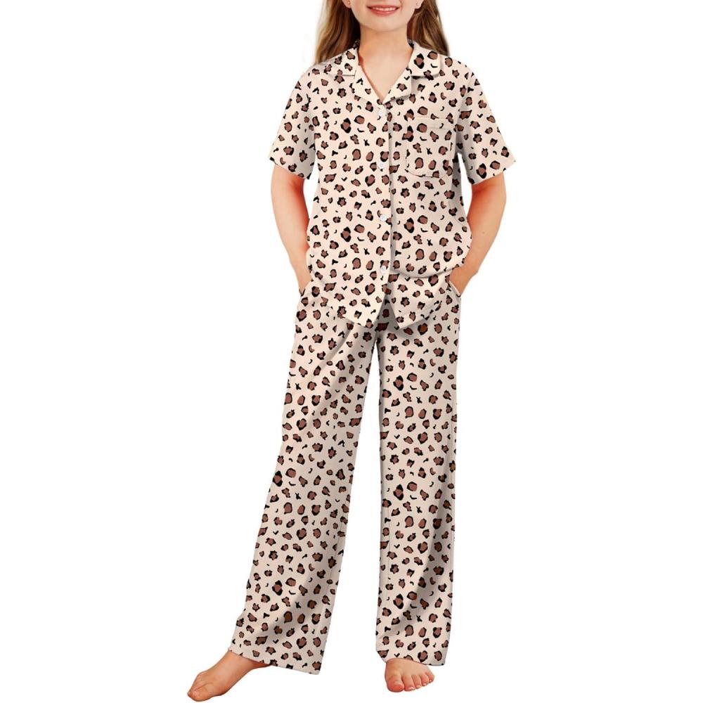 imageArshiner Pajamas for Girls Short Sleeve Long Pants Outfit 2 Piece Sleepwear Button Pjs SetsLeopard