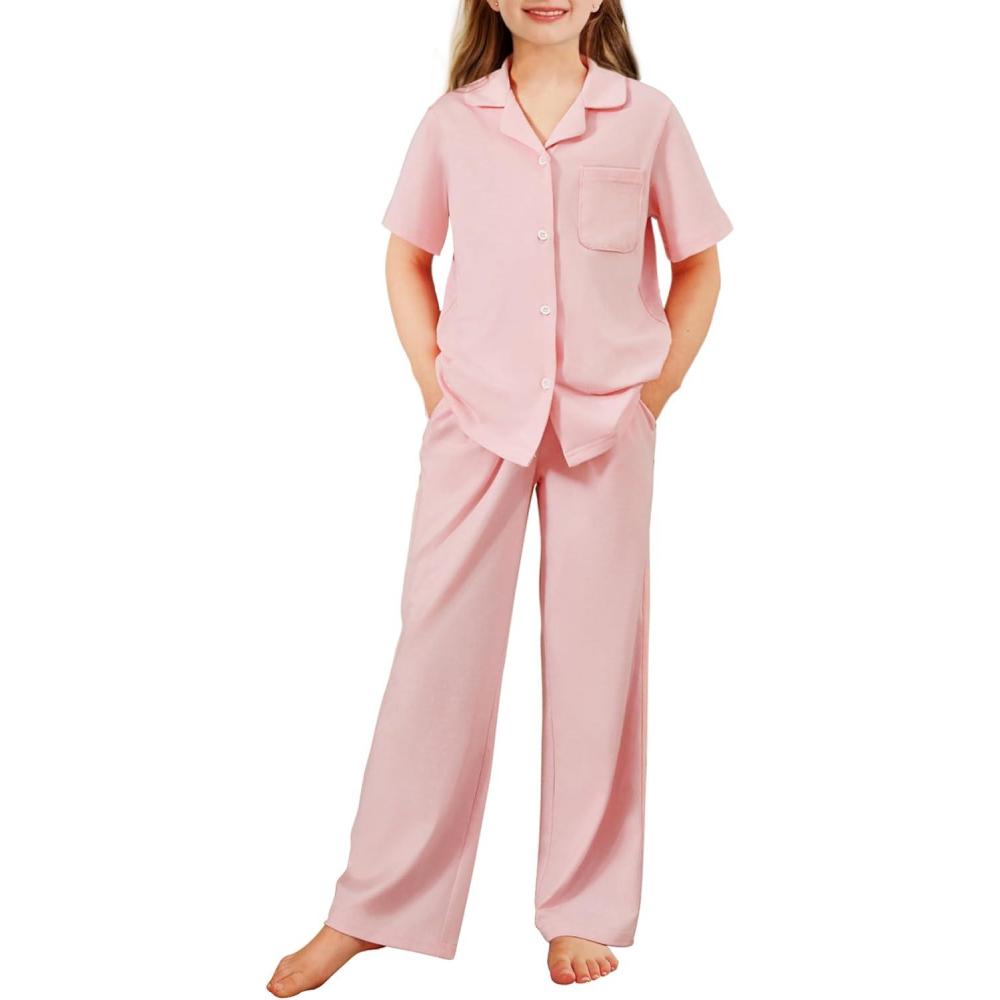 imageArshiner Pajamas for Girls Short Sleeve Long Pants Outfit 2 Piece Sleepwear Button Pjs SetsPink