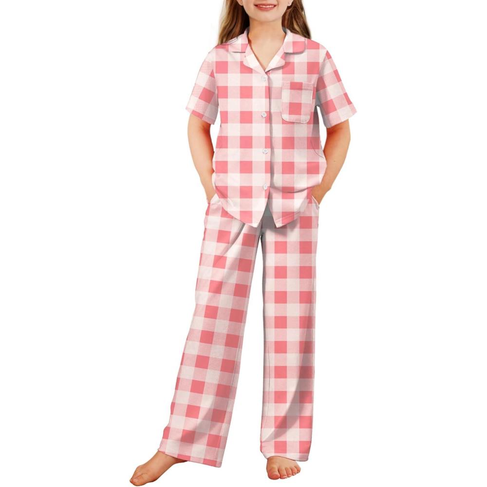 imageArshiner Pajamas for Girls Short Sleeve Long Pants Outfit 2 Piece Sleepwear Button Pjs SetsPink Plaid