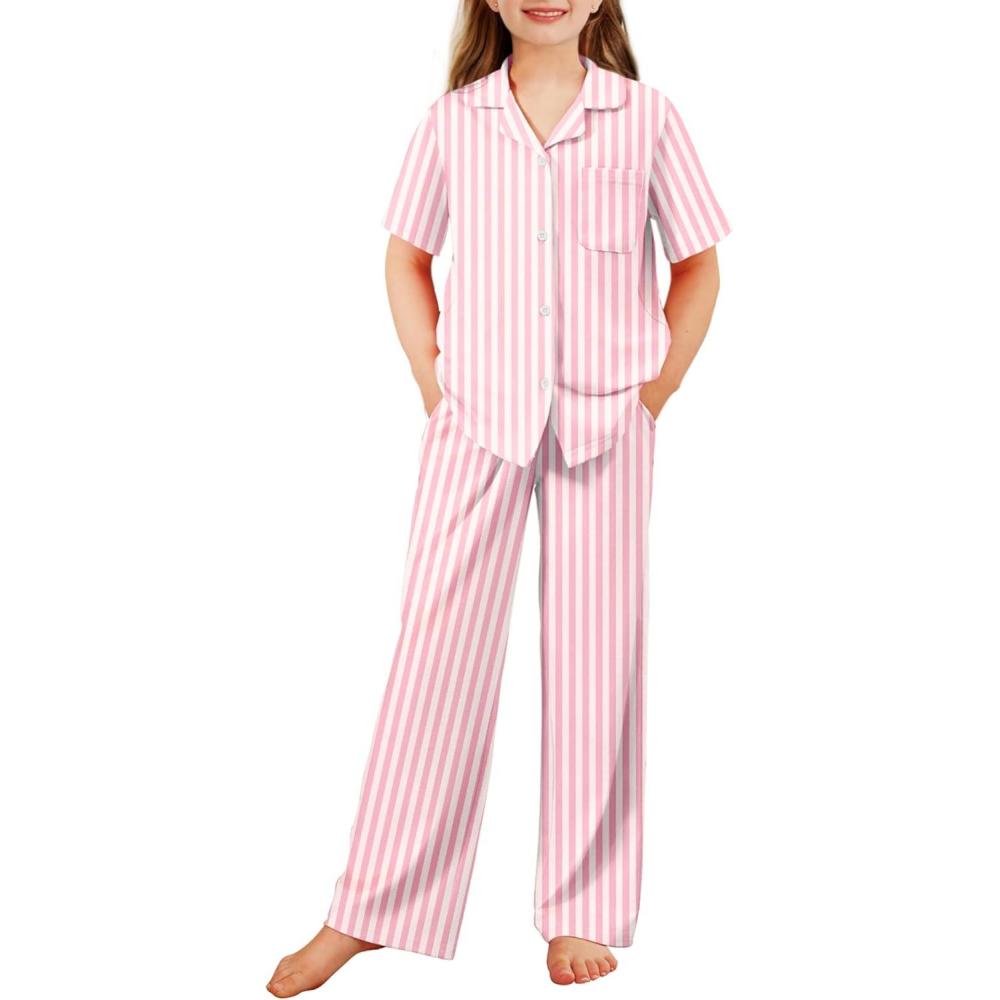imageArshiner Pajamas for Girls Short Sleeve Long Pants Outfit 2 Piece Sleepwear Button Pjs SetsPink Stripes