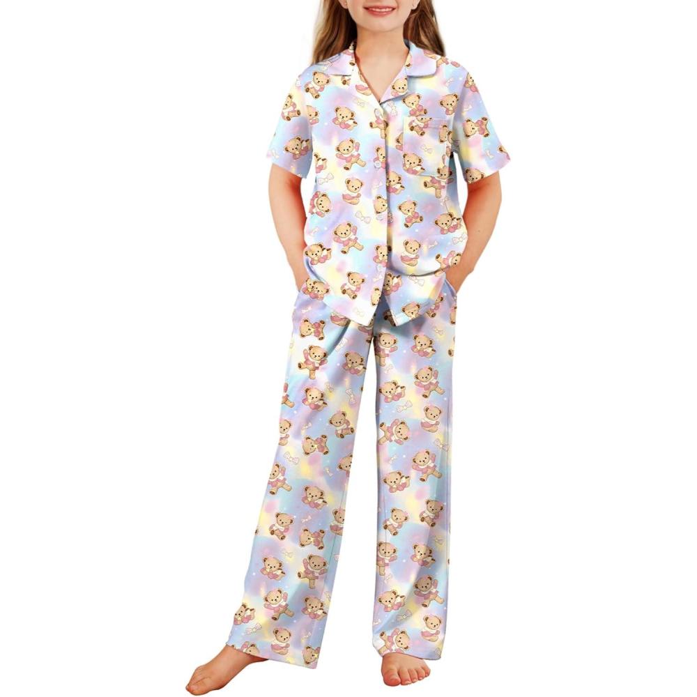 imageArshiner Pajamas for Girls Short Sleeve Long Pants Outfit 2 Piece Sleepwear Button Pjs SetsPink Teddy